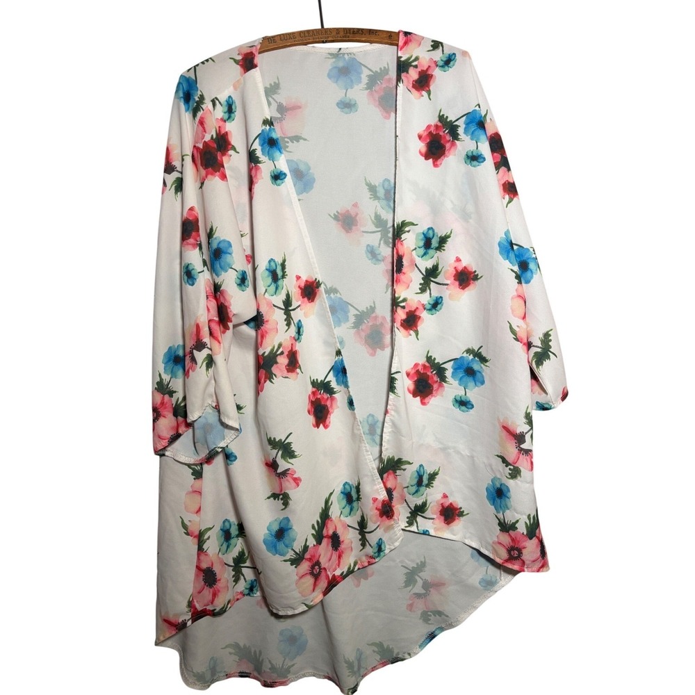 Floral Kimono M Cardigan White Pink Blue Poppy Print High Low‎ Open Front Beach